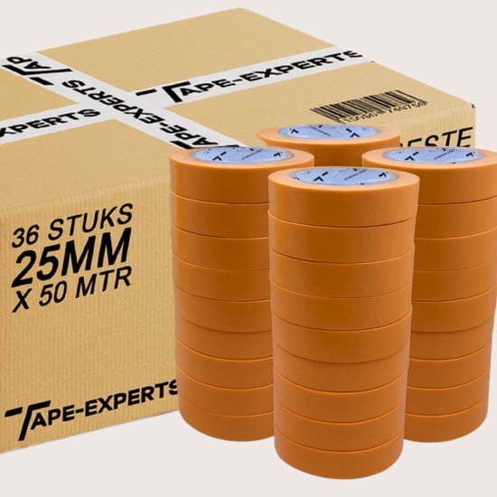 Doos met 36 stuks oranje schilderstape, 25mm x 50 meter. Tape-Experts logo op de doos.