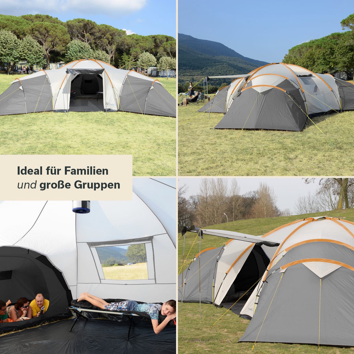 Skandika Turin Tent – Tenten – Familietent - Campingtent – Voor 12 personen – Koepeltent – Muggengaas – 3 slaapcabines - 200 cm stahoogte – Stalen stangen – 3000 mm waterkolom – Outdoor, Camping, Tuin – Kamperen – grijs/oranje – foto 2