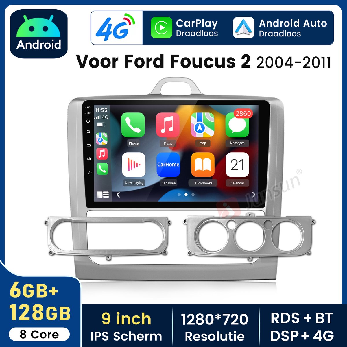 HexinexMarket Octa-Core autoradio Geschikt voor Ford Focus MK2 MK II 2004-2011 - Draadloos CarPlay, Android Auto, Androdi 15, multimediaspeler, 6GB+128GB