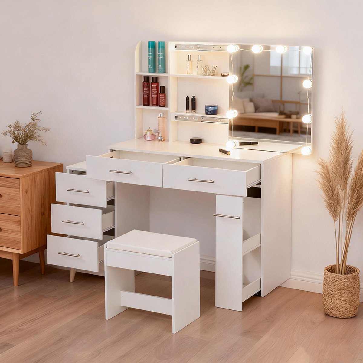 KOMHTOM BLACKCOLORS Kaptafel Make-uptafel Toilettafel met spiegel Lade LED-verlichting Wit