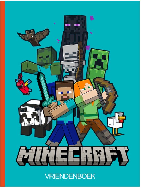 Voor- en achterkant Vriendenboek met Minecraft-personages: Steve, Alex, Creeper, Zombie, Enderman, Skelet, Panda, Kip, Papegaai en Vleermuis.