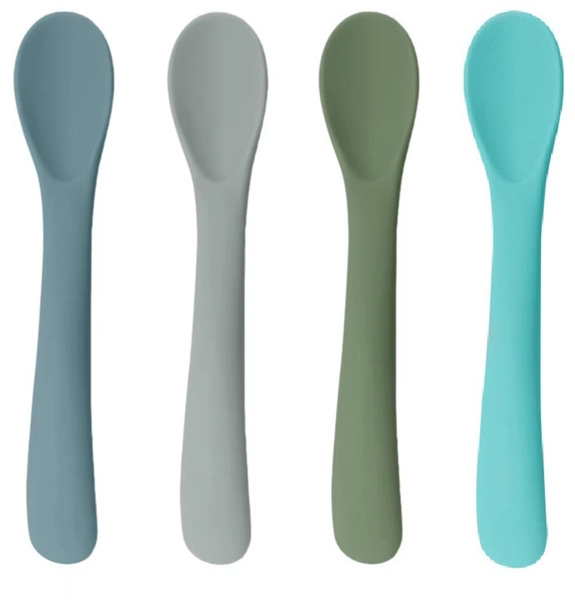 Siliconen Babylepels – 4-delige Set (Groen/Blauw/Grijs) – Zachte Oefenlepels – Babylepeltje - Vanaf 6 Maanden – BPA-vrij & Veilig – 13 cm - Ergonomische S-Vorm