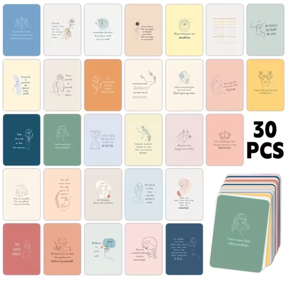 FA-VE Motivatiekaartjes – 30 stuks – Inspirerende Tekstkaartjes – Positieve Quotes – Cadeaukaartjes – 8.9 x 6.4 cm – Blanco Achterkant
