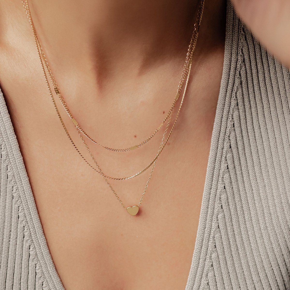 Hey Happiness Amore Layer Ketting Set van 2 Dames – Roestvrij Staal 18K Verguld – Delicate Hart Hanger – Verstelbaar – Goud
