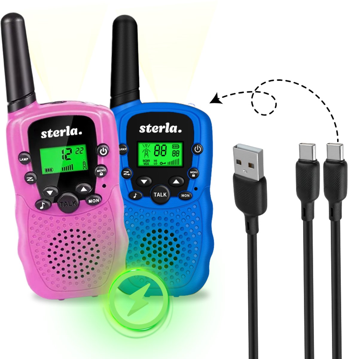 Walkie Talkie Set voor Kinderen - Oplaadbaar USB-C - Bereik tot 3 km - Zaklamp - Valbestendig - Compact en Lichtgewicht - Blauw & Roze