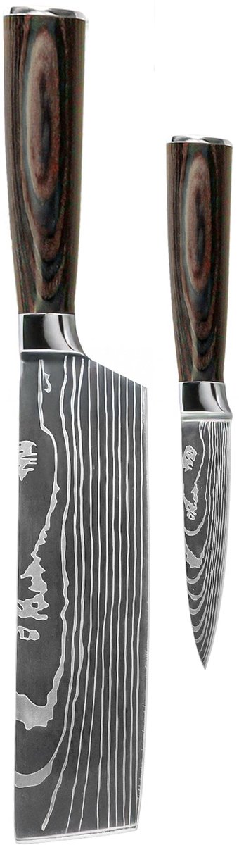 Shinrai Knives - Damascus Print 2-delige Messenset - Nakiri + Schilmes - Koksmes - Vleesmes - Hakmes - Broodmes