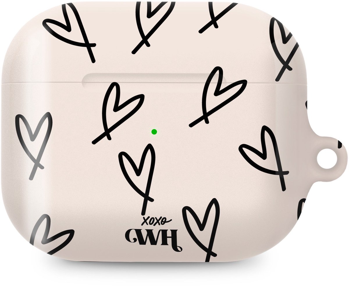 xoxo Wildhearts hoesje geschikt voor AirPods Pro 3 - All Yours - Glossy - Ook als telefoonhoesje verkrijgbaar - schokbestendige case - koptelefoon hoesje - Glimmend - Beschermhoes met hartjesprint - hartjes - Beige - Zwart