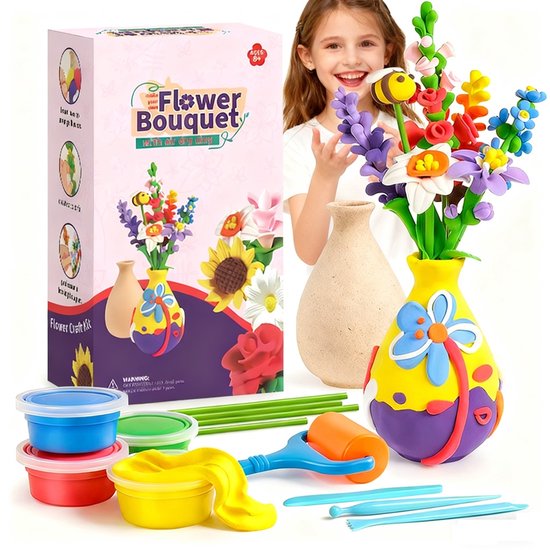 Set DIY de Pâte à Modeler - Set Bouquet de Fleurs en Pâte avec Vase en Bois - 10 Couleurs de Pâte Auto-Durcissante - Boîte de Loisirs Créatifs - 18 Designs de Fleurs - Coffret Créatif pour Enfants - Incluant Outils et Guide