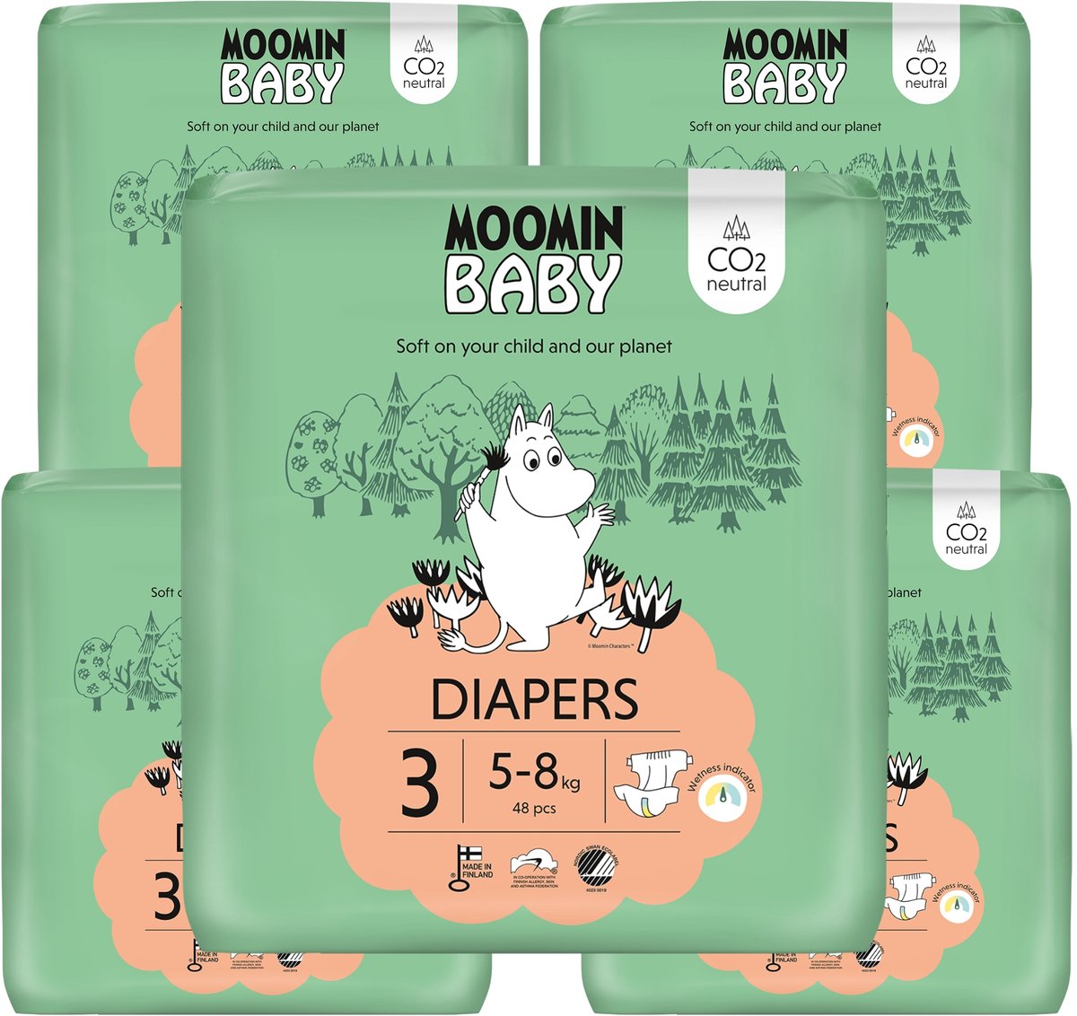 Moomin Baby Eco Wegwerpluiers - 240 stuks - Maat 3 - 5 t/m 8 kg - Hypoallergeen – Gevoelige Huid – Parfumvrij - MaandBox