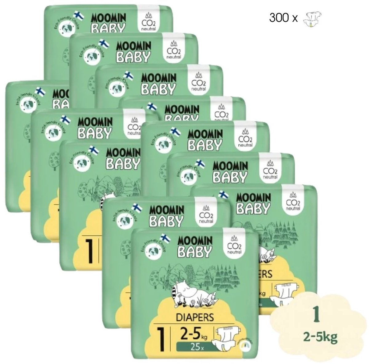 Moomin Baby Eco Wegwerpluiers - 300 Stuks - Maat 1 - 2 t/m 5 kg – Hypoallergeen – Gevoelige Huid – Parfumvrij - MaandBox