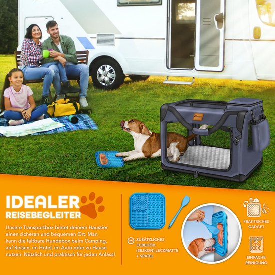 TRESKO® Opvouwbare hondenbox inclusief likmat en spatel, M, 61 x 42 x 42 cm, transportbox voor honden en katten, hondentransportbox voor kleine en grote honden, hondentas, robuust, zwart