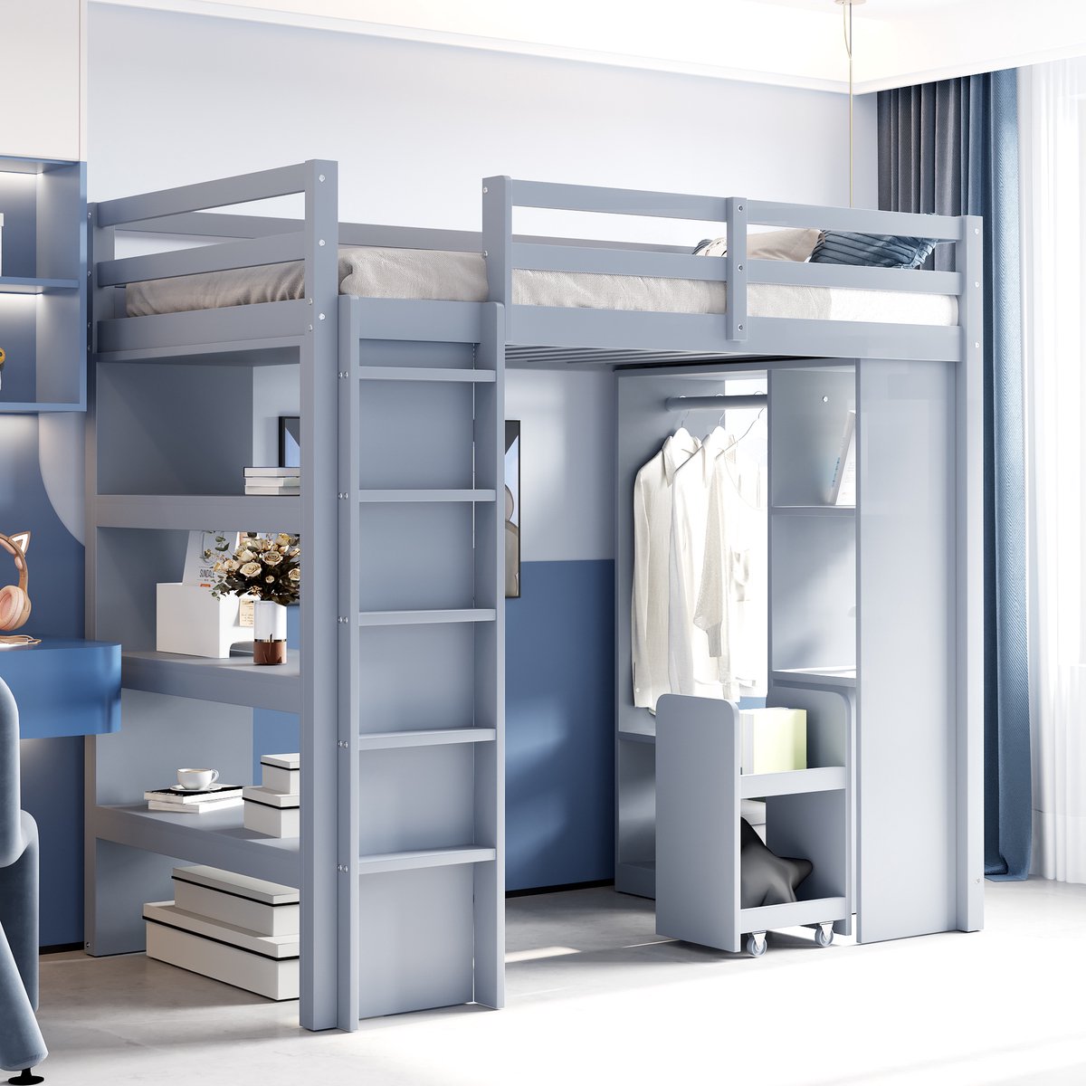 REDOM Ledikant 90x200 cm van massief hout, grijs, met meerdere planken en uitneembare opbergtrolley