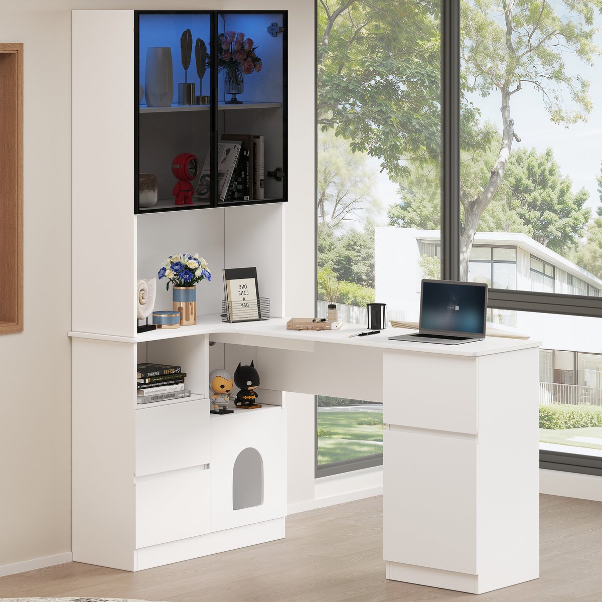 Hoekbureau met standaard en LED-displaykast 120x80x180 cm - bureau met open vakken en huisdiercompartiment - met ingebouwd boekenrek