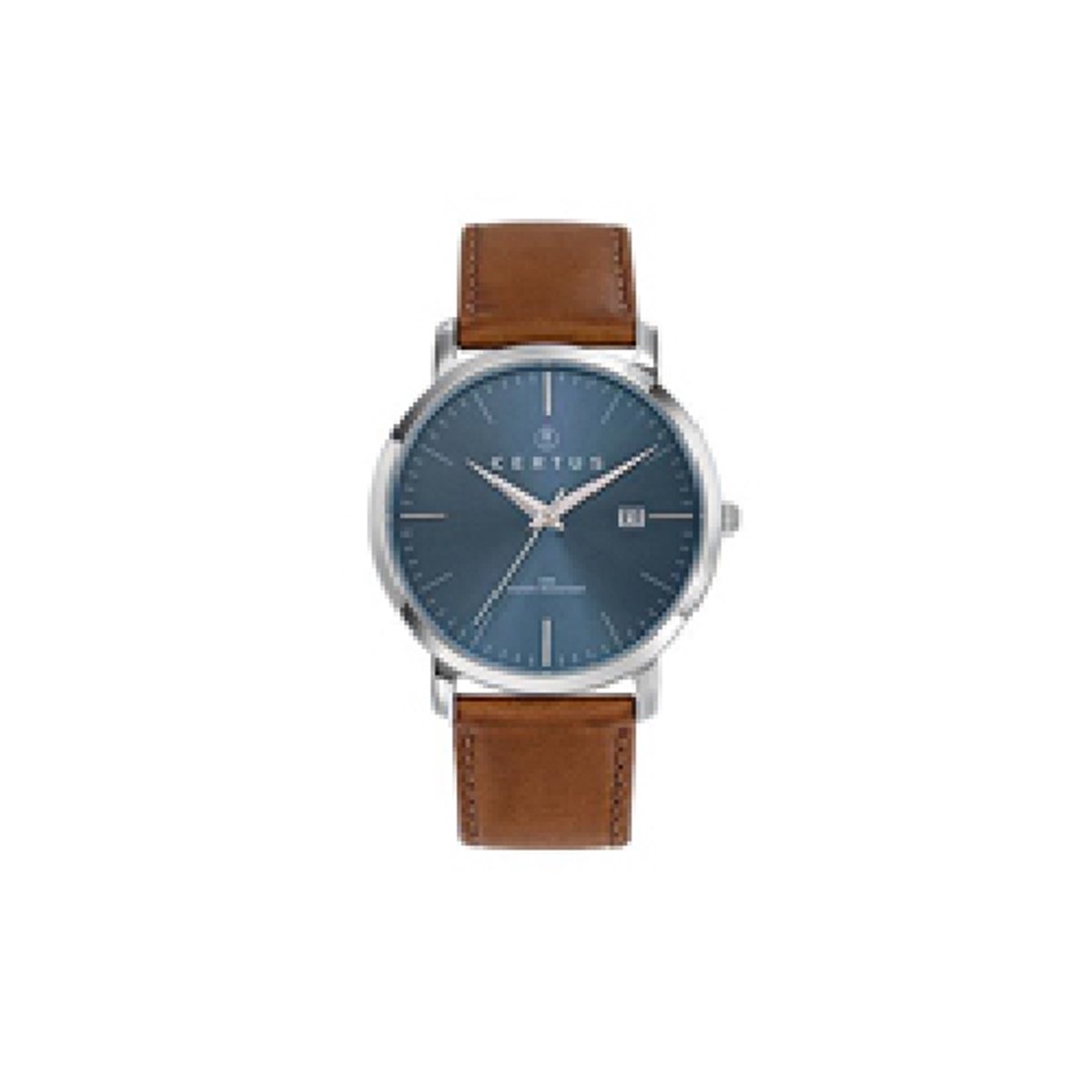 Certus-model 611054-horloge-heren-datum-zilverkleurig-cognac kleurige lederen band-blauwe wijzerplaat-diameter 39 mm-5 atm waterdicht-gemaakt in Frankrijk
