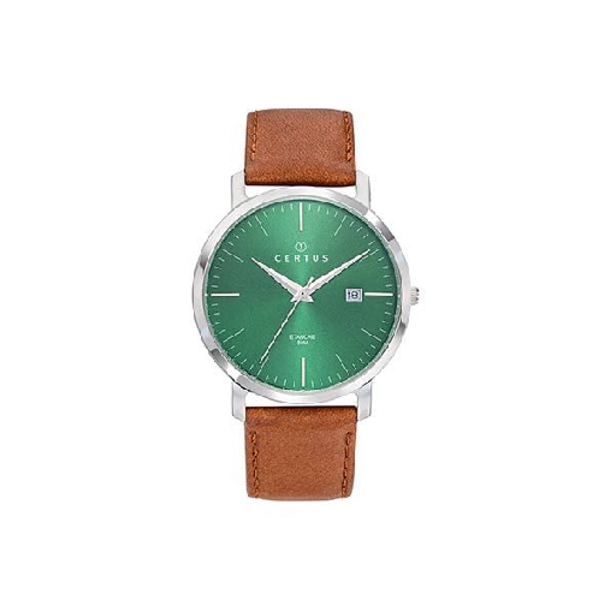 Certus-model 611198-horloge-heren-datum-zilverkleurig-cognac kleurig lederen band-groene wijzerplaat-diameter 39 mm-5 atm waterdicht-gemaakt in Frankrijk