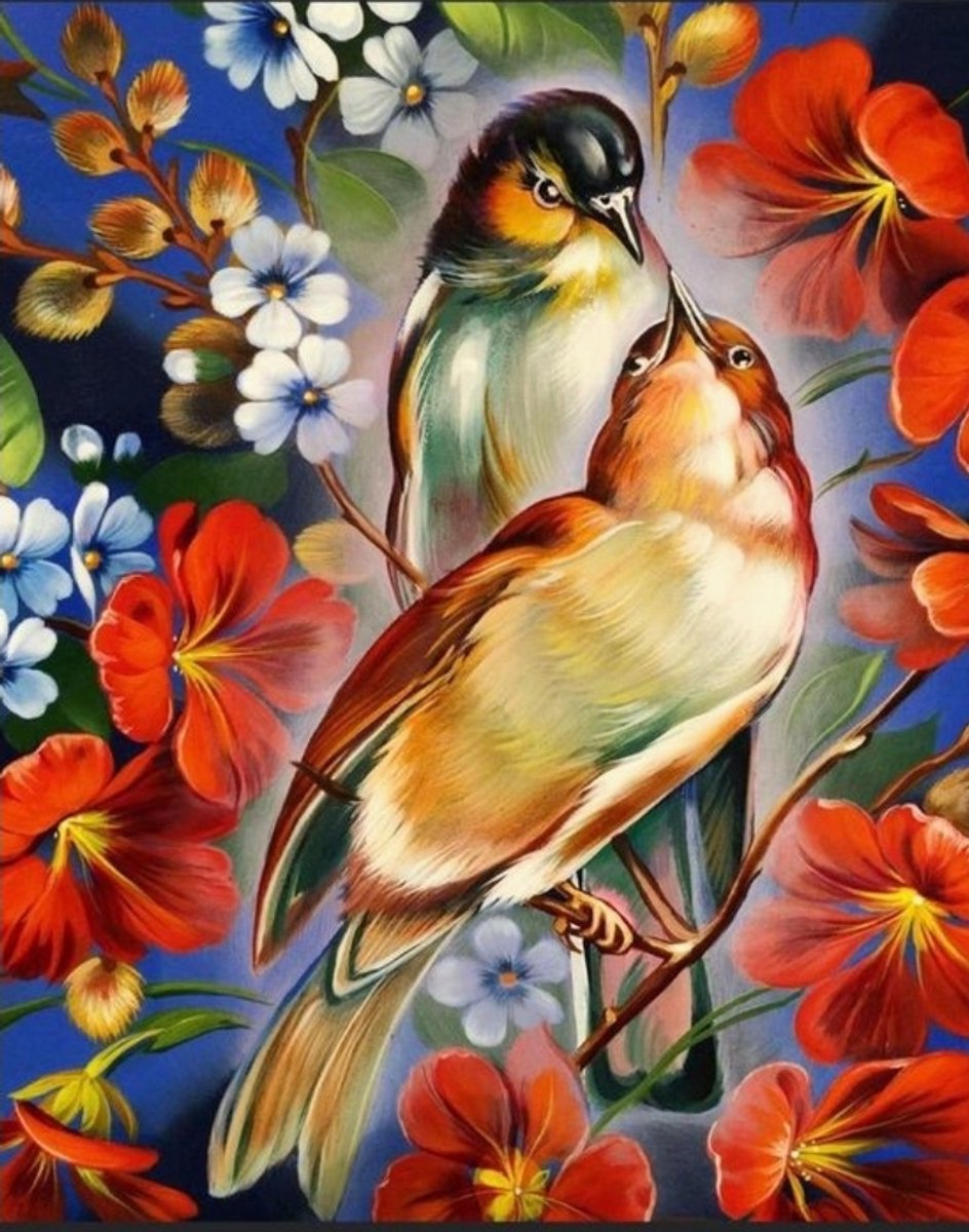 Denza - Diamond painting vogel met bloemen 40 x 50 cm volledige bedrukking ronde steentjes direct leverbaar - vogels - bloemen - bird