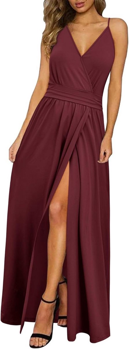 Dames Zomerjurk V-hals Spaghettibandjes Mouwloos Casual Boho Lange Maxi Jurk met Split