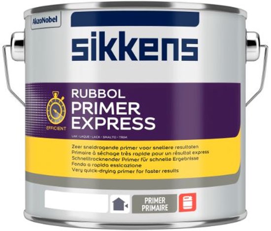 Blik Sikkens Rubbol Primer Express. Paars en geel label met tekst: Zeer sneldrogende primer, Very quick-drying primer.
