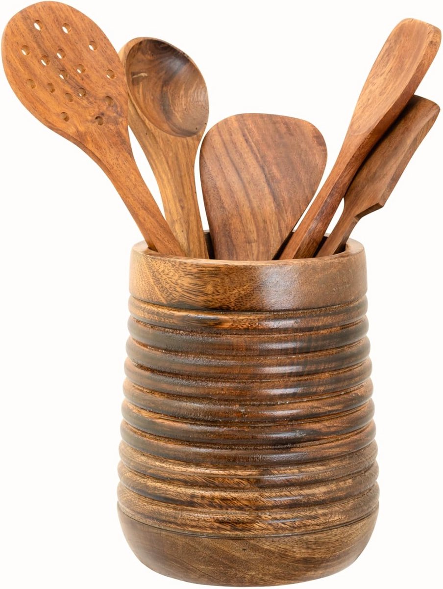 Rustieke Houten Keukengerei Houder 17.7 cm - Spatel Organizer voor Aanrecht - Donkerbruin