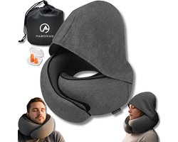 PABORAS® Nekkussen met Capuchon - Reiskussen - Voor Vliegtuig - Auto - Bus - Trein - Memory Foam - Travel Pillow - Reis Nek Kussen - Traagschuim - Kampeerkussen - Nekkussens - Donkergrijs