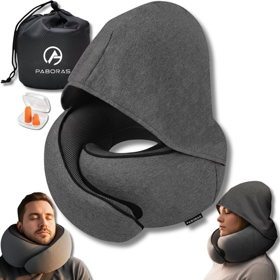 PABORAS® Coussin cervical avec Capuche - Coussin de voyage - Pour Avion - Voiture - Bus - Train - Mousse à mémoire de forme - Coussin cervical de voyage - Mousse viscoélastique - Coussin de camping - Coussins cervicaux - Gris foncé