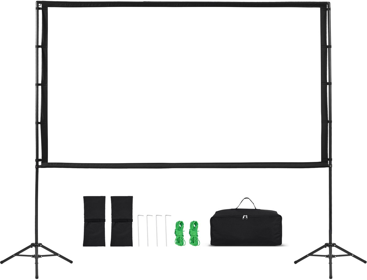 Projectiescherm 254 cm Met Standaard, 16:9 HD Draagbaar Projectiescherm, Rimpelvrij Met Dubbele Statieven en Draagtas, Ideaal voor Binnen- en Buiten Gebruik, Thuisbioscoop en Presentaties
