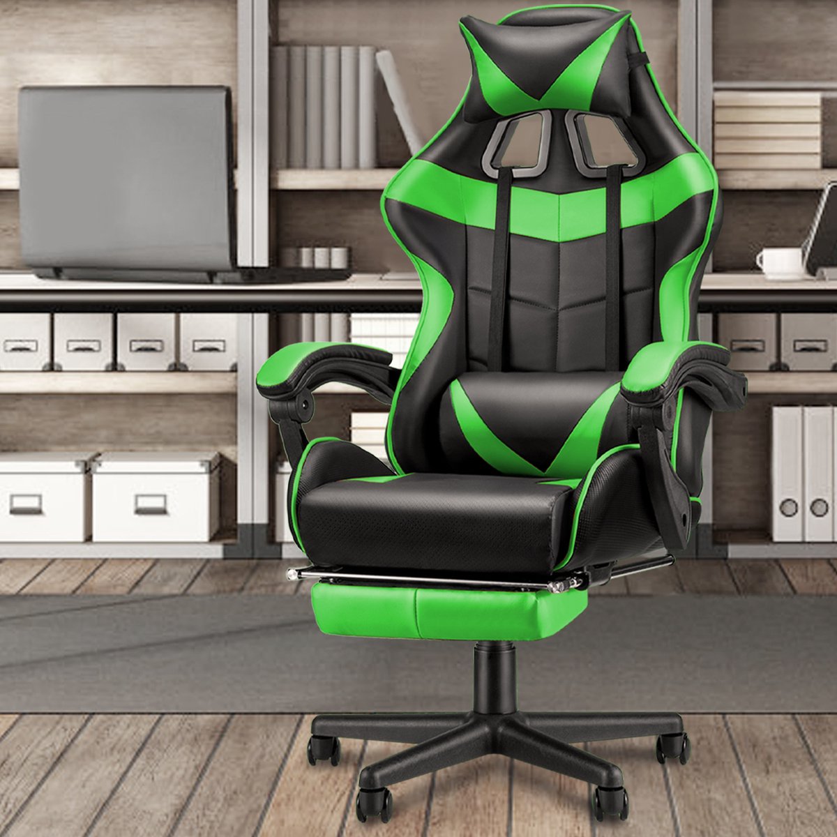 Soontrans Groen-Gaming Stoel met Inklapbare Voetensteun, - Soontrans - €84,99