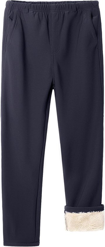 Donkerblauwe joggingbroek met omgeslagen zoom die een sherpa fleece voering laat zien.