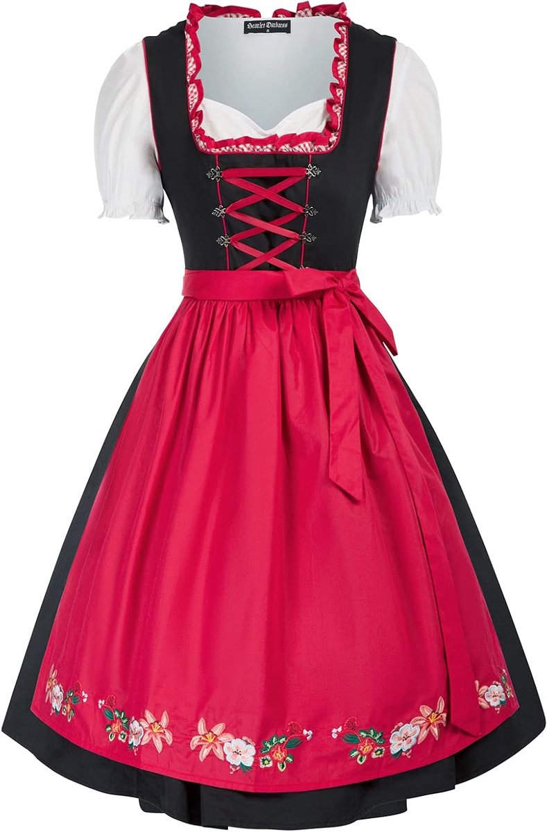 Dames Dirndl Jurk 3-delige Set met Blouse en Schort Oktoberfest Bavarian Stijl