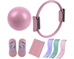 Klikkopers® - Pilates Set 7-Delig – Pilates Ring 35 cm – Weerstandsband – Pilates Bal – Anti-Slip Sokken – Complete Fitness & Flexibiliteit Trainingsset – Roze