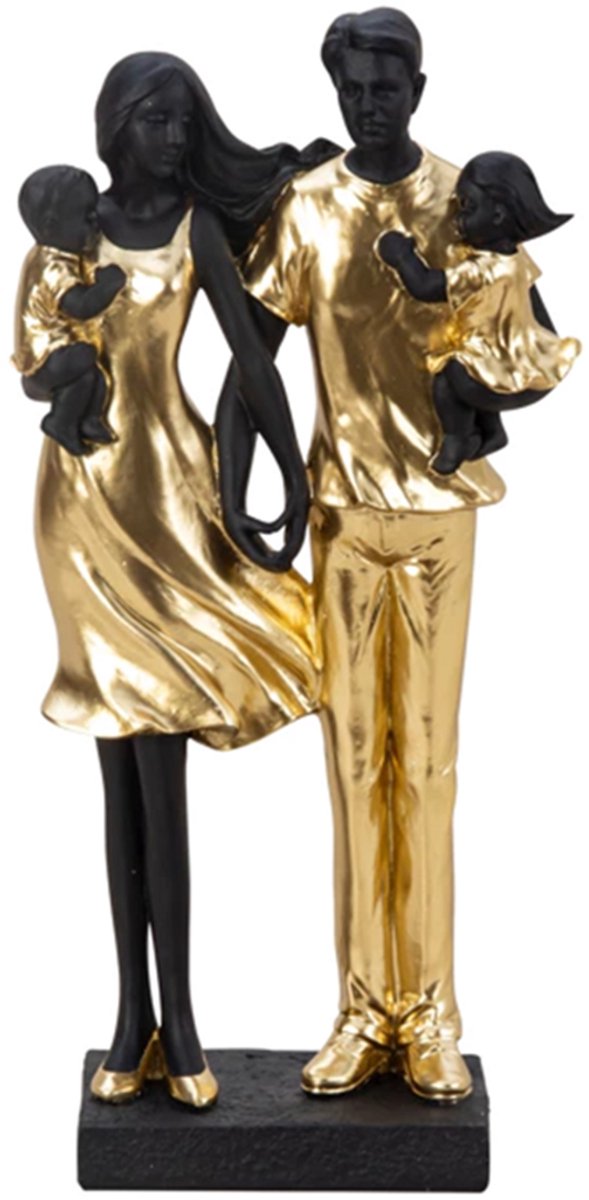 Echtpaar met 2 kinderen staand goud/zwart h=29,5cmbeeld gezin goud zwart echtpaar met 2 kinderen beeld familiebeeld goud zwart gezin decoratie beeldje staand gezin sculptuur gezin ornament 29,5 cm polyresin familiebeeld goud