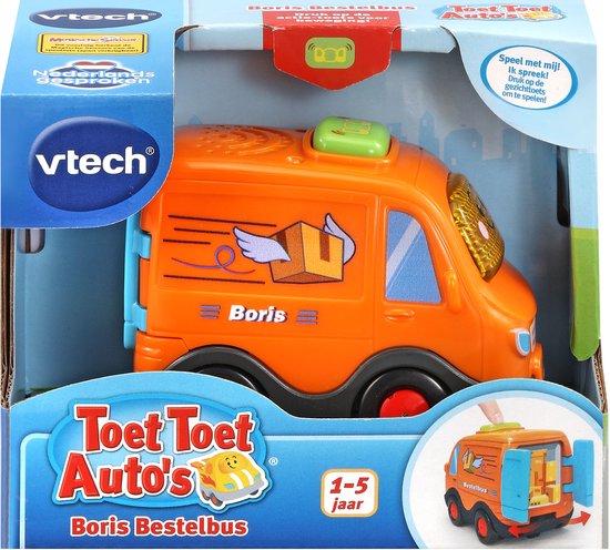 Oranje VTech Boris Bestelbus speelgoed in verpakking, met VTech logo en 'Toet Toet Auto's' opdruk.