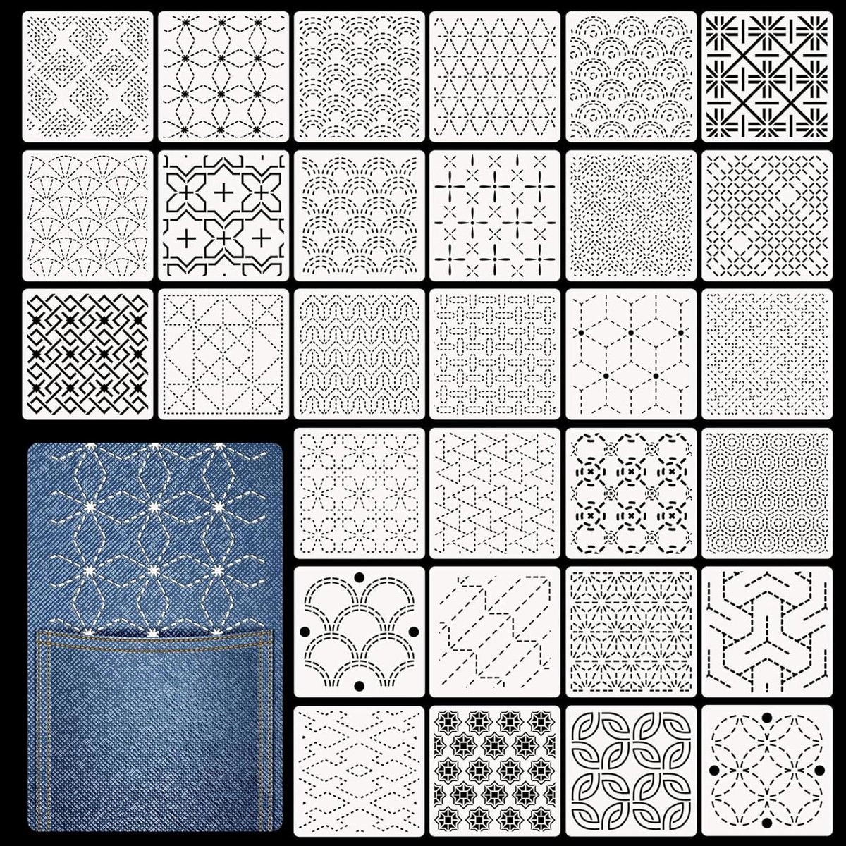 Ronte - Set van 30 Sashiko sjablonen voor handquilten en textielontwerp met geometrische patronen