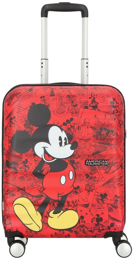 Rode koffer met een print van Mickey Mouse in stripboekstijl.