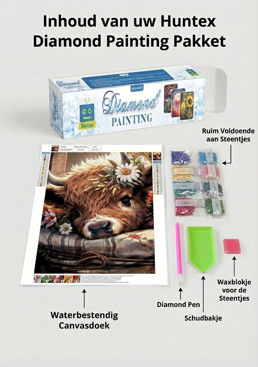 Huntex Diamond Painting Volwassenen - Diamond Painting Kinderen - Diamond Painting Pakket Volledig - Kalfje Met Bloemen - 30x40 cm — afbeelding 6