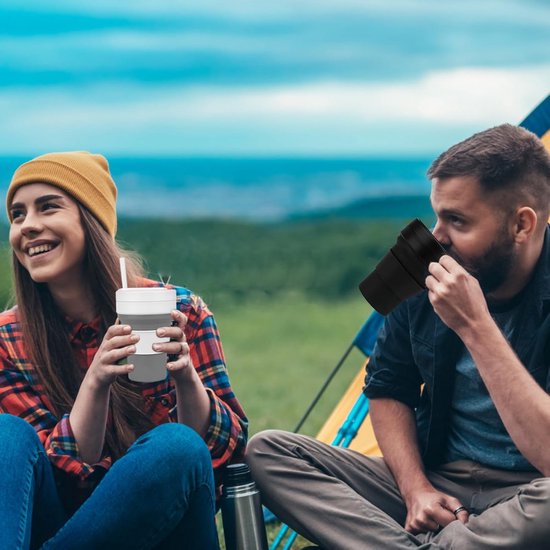 Opvouwbare Reisbeker 350ml - Opvouwbare Siliconen Drinkbeker Met Deksel - Voor Warme En Koude Dranken - Met Rietje - Lekvrij En Lichtgewicht - Herbruikbare Sportwaterfles - Voor Kamperen Wandelen Sport En Reizen - Outdoor Drinkfles - Grijs En Wit — afbeelding 5