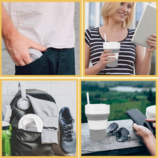 Opvouwbare Reisbeker 350ml - Opvouwbare Siliconen Drinkbeker Met Deksel - Voor Warme En Koude Dranken - Met Rietje - Lekvrij En Lichtgewicht - Herbruikbare Sportwaterfles - Voor Kamperen Wandelen Sport En Reizen - Outdoor Drinkfles - Grijs En Wit — afbeelding 3