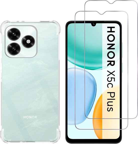 Hoesje geschikt voor Honor X5c Plus backcover Shockproof siliconen Transparant en 2 stuks Screenprotector Gehard Glas