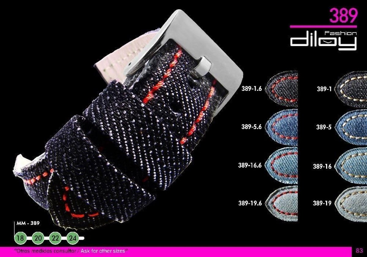 Horlogeband denim met leer combi - 18 20 22 24 mm