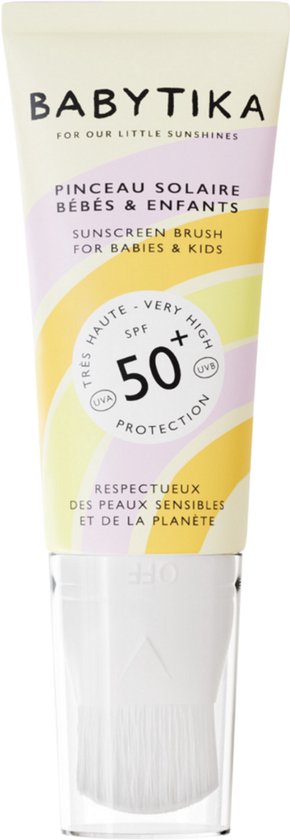 Pinceau solaire Babytika SPF 50+, rayures pastel, avec applicateur blanc.
