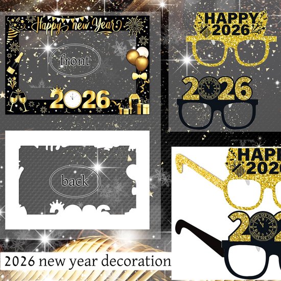 HOWAF Silvester Deko 2026 Neujahr Fotorequisiten Fotoaccessoires, 26 Stück Silvester Foto Requisiten Fotobox Accessoires Frohes Neues Jahr Brillen für Happy New Year Neujahr Deko, Set E