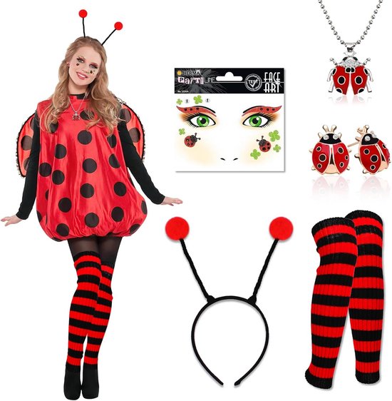 Lieveheersbeestjeskostuum voor dames, carnavalskostuums voor dames, lieveheersbeestje, ladybug kostuum met ballerina-tutu, haarband, gezichtstattoo, handschoenen, overknee-kousen, kostuum ladybug voor Lieveheersbeestjeskostuum voor dames, carnavalskostuums voor dames, lieveheersbeestje, ladybug kostuum met ballerina-tutu, haarband, gezichtstattoo, handschoenen, overknee-kousen, kostuum ladybug voor