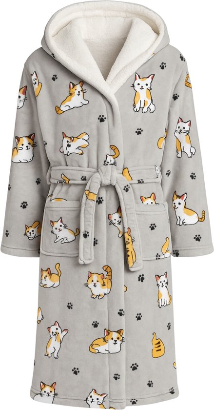 Dames badjas katten - fleece badjas met capuchon - ultra zacht en warm - cadeau - katten badjas voor dames - maat L/XL