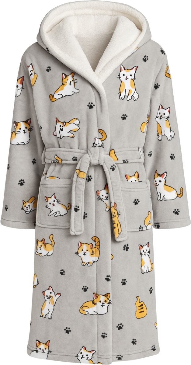 Dames badjas katten - fleece badjas met capuchon - ultra zacht en warm - cadeau - katten badjas voor dames - maat S/M