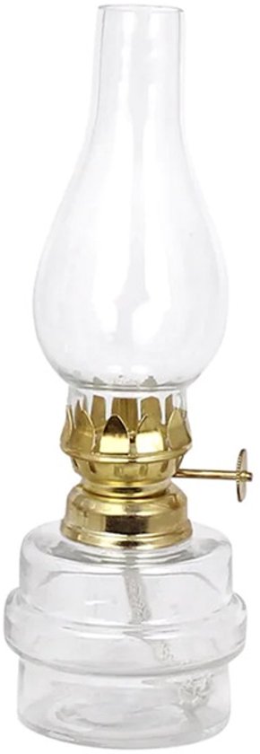 Kleine glazen olielamp met messing brander, 19 cm hoog en 7 cm breed.