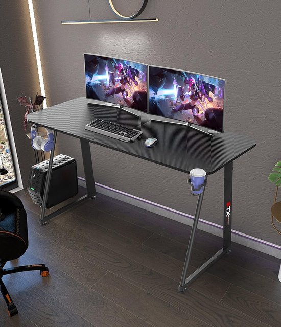 Gaming Bureau 140x60 cm met Kabelgeleiding, Hoofdtelefoonhouder en Bekerhouder - Carbon Tafelblad van Merkloos — afbeelding 3