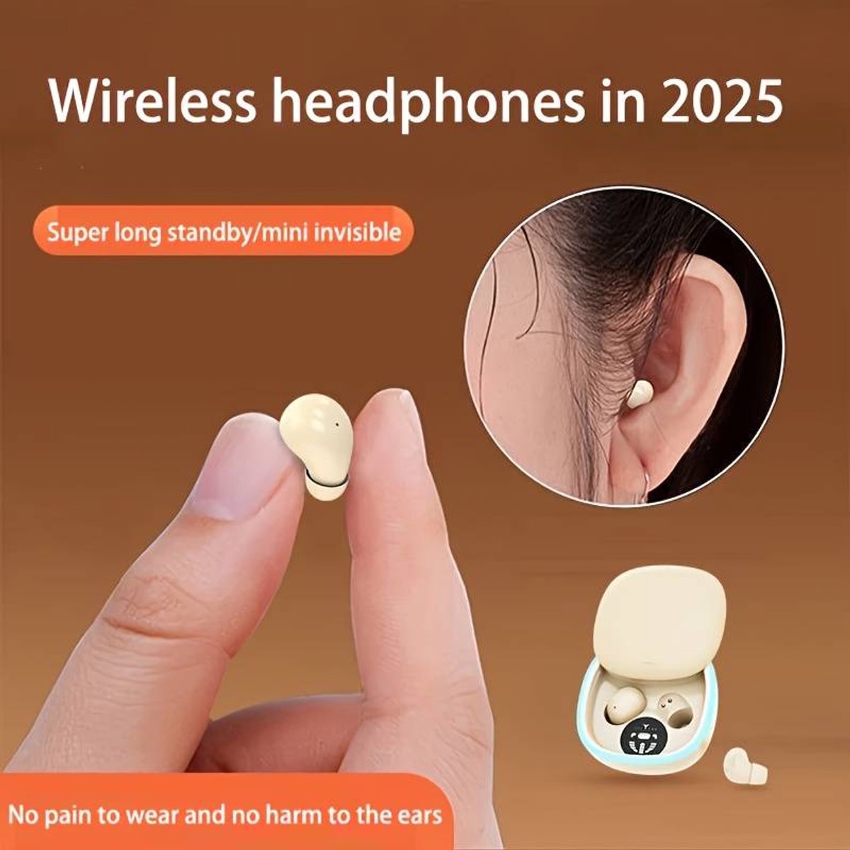 Onzichtbare mini draadloze Bluetooth-oordopjes, geschikt voor kleine oren, om mee te slapen, discreet en compact, geschikt voor op het werk, onzichtbare oordopjes, beige.