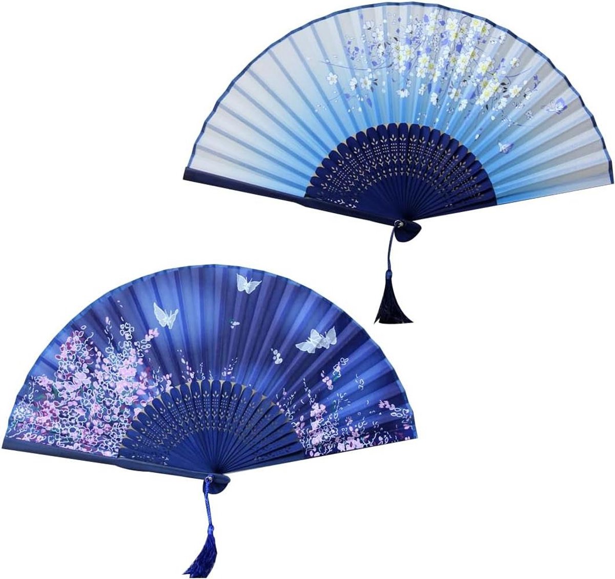 Ronte - Set van 2 opvouwbare waaiers voor dames in Chinese stijl van bamboezijde met kwasten - Grote Japanse waaiers voor wand-/bruiloftsdecoratie - Perfecte geschenken met oosterse charme.