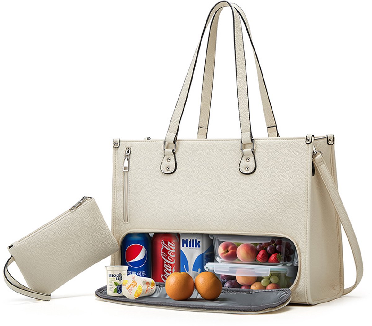 Lunch Tas - 2-in-1 Lunch Tas Handtas Combinatie - Vegane Leder Laptop tas - 15,6-inch Handtas Met Geïsoleerde Lunch Kamer - Lunch Tas - Vrouwen Koeltas - School Kantoor Isolatie Tas - Wit