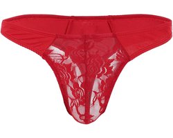 Heren Thong Sissy Lingerie - Elastische Sexy Lace Underwear Jockstrap Bikini G-String Panty Rode Transparante Gay Briefs voor Avondje Uit of Lingerie Nacht